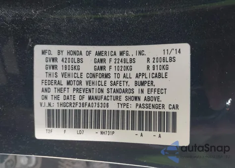 2015 Honda Accord Lx z USA, uszkodzony, nr VIN 1HGCR2F36FA075306